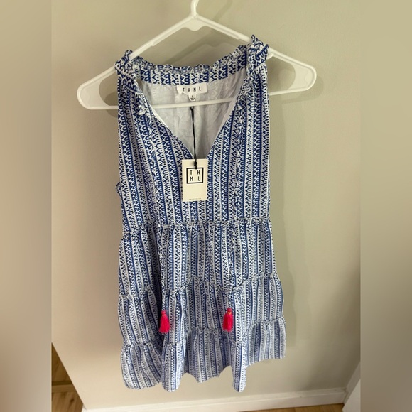 THML Geometric Tiered Ruffle Tassel Dress - Blue/White - Size Small - NWT - Picture 8 of 12